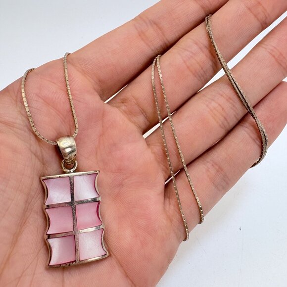 VTG Sterling Silver 925 Pink Mother of Pearl Pendant Necklace Size 29" Length - Picture 7 of 14